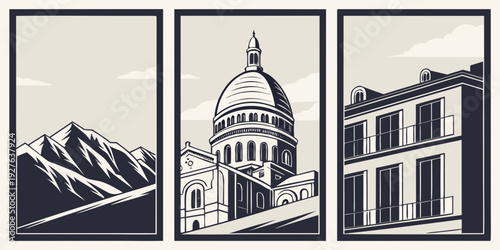 A serene view of a small town with a church and surrounding buildings. Vector