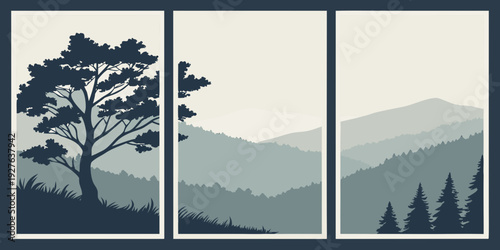 Fotografie A serene landscape featuring a tree and mountains in a triptych format Vector