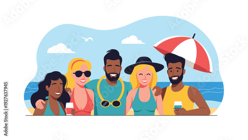Diverse group of happy friends in swimwear enjoys a summer vacation at the beach with drinks under a striped umbrella by the ocean waves.