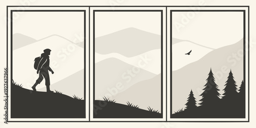 A silhouette of a hiker standing on a cliff overlooking a vast mountain range Vector