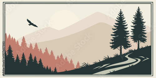 A majestic eagle soaring over a serene mountain landscape with a winding river Vector