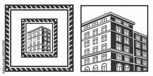 A vintage postage stamp featuring a detailed illustration of a modern apartment building Vector