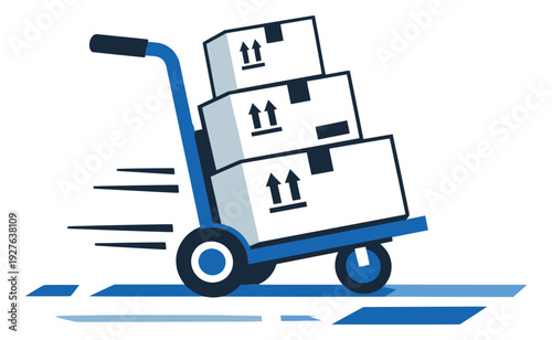 Modern graphic illustration of a hand truck with stacked boxes depicting speedy delivery for logistics and shipping services
