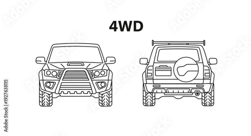 Detailed front and rear view illustration of a rugged 4WD off-road vehicle.