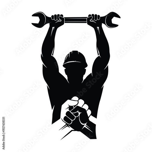 Strong worker lifting heavy wrenches above head in powerful pose