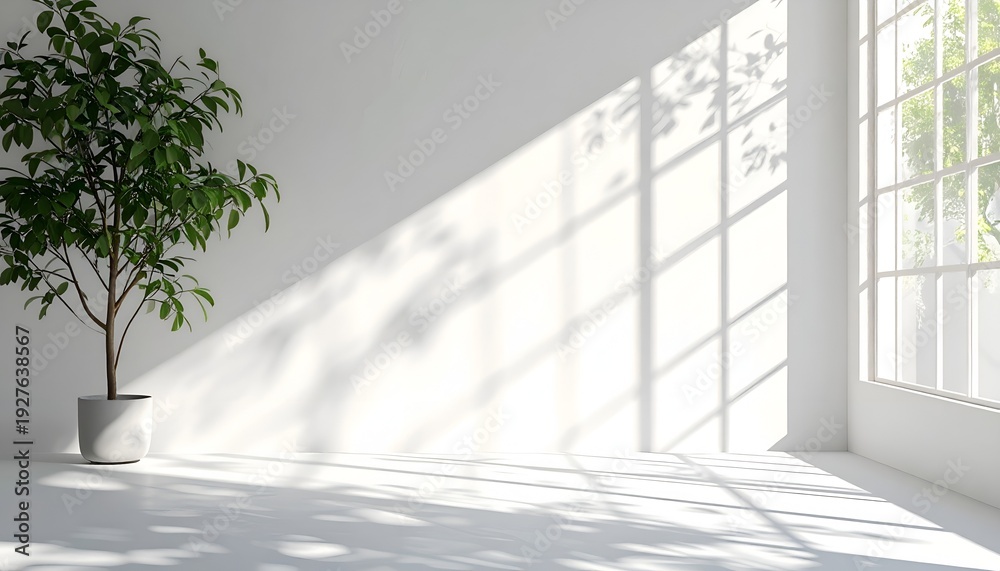 Obraz premium Bright room interior with a potted tree and sunlight from a large window