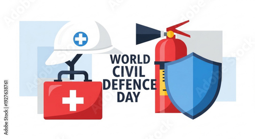 World civil defence day emergency response graphic with first aid kit fire extinguisher and shield