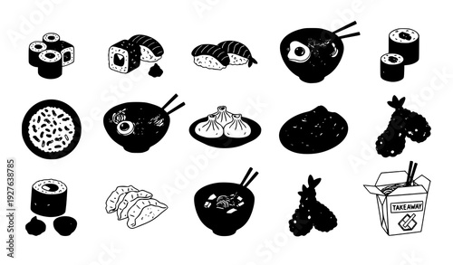 Asian Food Doodle Flat Clipart Set with Sushi Ramen Dumplings Vector Illustration Isolated on White
