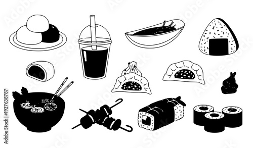 Cute Asian Food Doodle Clipart Set with Bubble Tea Pho and Sushi Flat Cartoon Vector Isolated on White