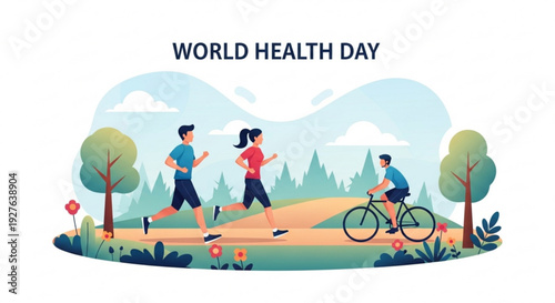 People jogging and cycling on a path in a park on world health day for fitness and wellness
