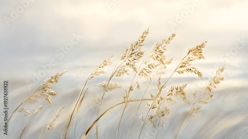 Serene coastal watercolor illustration golden sea oats tranquil dunes soft pastel ocean horizon