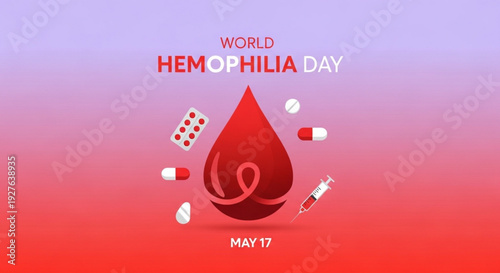 World hemophilia day awareness graphic with red blood drop and medical pills on purple red background