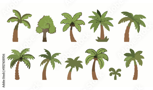 Cute Tropical Palm Trees Vector Set in Flat Cartoon Style for Summer Beach Travel Isolated on White