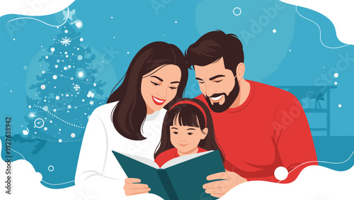 Happy family with a young daughter reads a Christmas storybook together in a cozy winter setting with a decorated tree in the background.