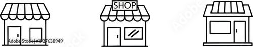 Three simple black line drawings of storefronts with awnings shop building