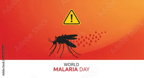 World malaria day awareness poster with mosquito and warning sign on red background