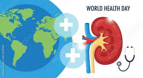 World health day illustration with globe kidney stethoscope and medical symbols for health awareness campaigns