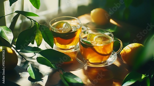 Two glass cups of lemon tea on a table surrounded by green leaves and lemons