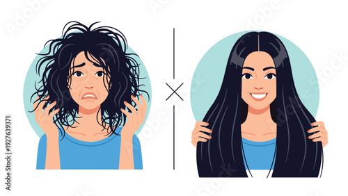 Before and after comparison shows a woman with messy frizzy hair next to her with smooth straight shiny hair after professional treatment.