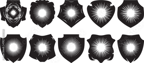 Black and white shield icons with light effects collection