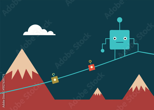 A blue abstract robot character balances on a tightrope connected to smaller cubes across a mountainous landscape.