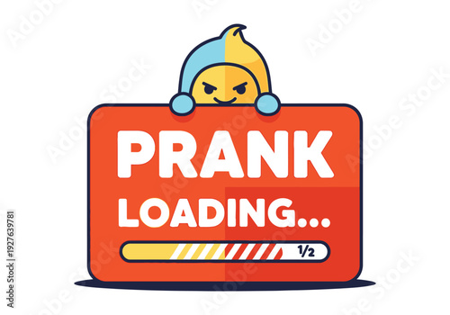 A playful character waiting for a prank to load on a progress bar screen.