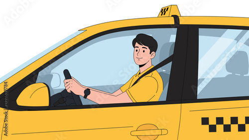 Friendly taxi driver in a yellow shirt sits behind the wheel of his yellow cab while looking out the window during his working shift in the city.