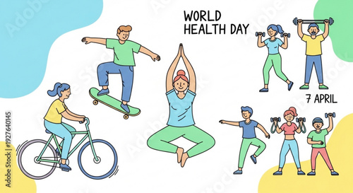 People engaging in various physical activities for world health day on april 7th promoting fitness and wellness with exercise and sports