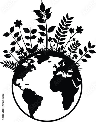 Black silhouette of the earth with plants growing out of it