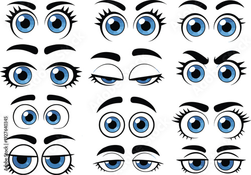 Cartoon eyes and eyebrows set with different emotions, blue eye expressions collection, vector illustration for character design and animation assets