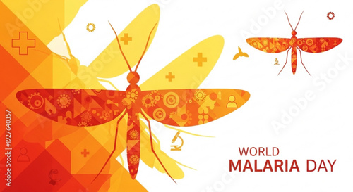 Vibrant orange mosquito illustration for world malaria day awareness campaign with medical symbols and abstract shapes