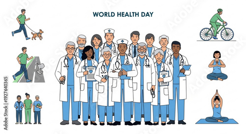 World health day illustration with diverse medical professionals and people engaging in healthy activities