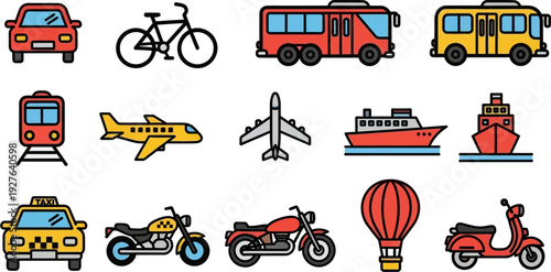 A comprehensive collection of colorful flat design icons representing various modes of transportation for land, air, and sea travel.