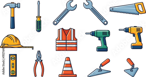 A collection of various construction and handyman tools and safety equipment.