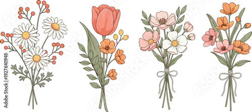 Set of Hand Drawn Wildflower Bouquets with Daisies Tulips and Berries in a Soft Pastel Color Palette for Rustic Wedding Invitations and Stationery