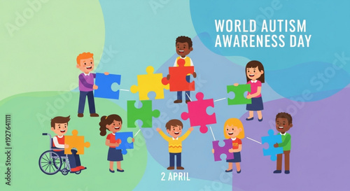 Diverse children and adults connect puzzle pieces on world autism awareness day promoting unity and understanding