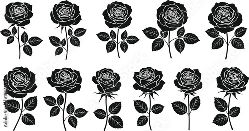 Black Rose Flower Silhouette Icon Set Vector Illustration of Floral Symbols with Stems and Leaves for Logo Design Tattoos Wedding Invitations and Patterns