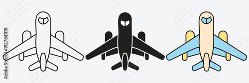 Modern Air plane Top View Vector Icon Set With Outline Solid And Colour Aviation Design
