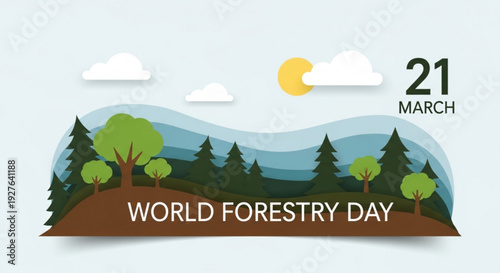 World forestry day illustration with trees mountains and sun on march 21st celebrating environmental conservation and sustainability