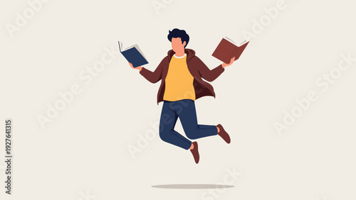 Energetic young man jumps in the air with books in his hands to represent the joy of learning, literacy, and successful academic achievement.
