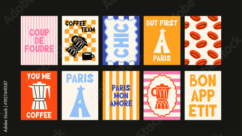 Contemporary French posters with cafe motifs, minimal food icons, charming text and popular illustrated style.
