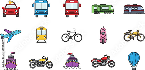 A collection of colorful cartoon-style icons depicting various modes of transportation including cars, buses, trains, airplanes, bicycles, scooters, motorcycles, ships, and a hot air balloon.
