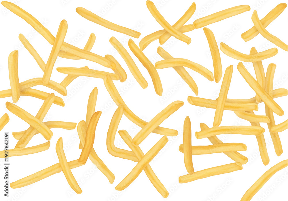 Fototapeta premium Pile of golden french fries scattered, a popular fast food snack