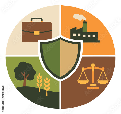 Modern flat design conceptual icon set featuring symbols of business, industry, nature, and justice surrounding a shield for societal balance and protection