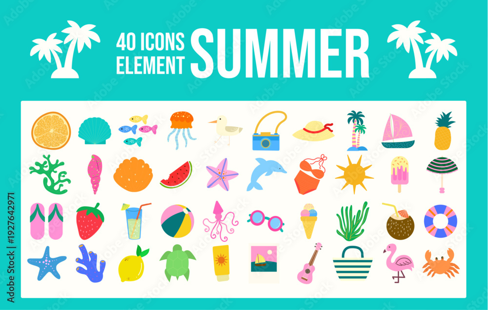Fototapeta premium Summer icon collection featuring beach and tropical elements. Vector illustration