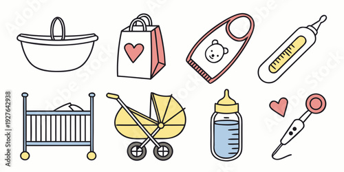 Assorted baby items including a crib, stroller, and various baby products. Vector