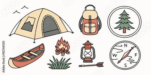 Camping gear and nature elements in a scenic outdoor setting Vector