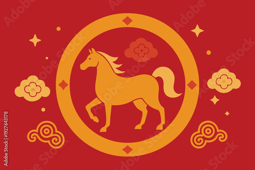 Chinese zodiac horse symbol circular design red background