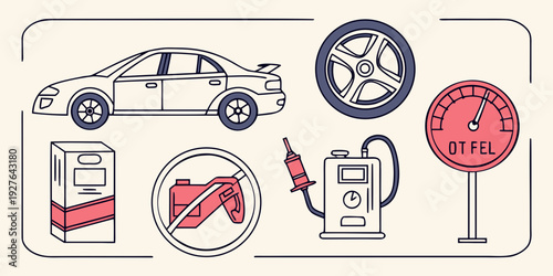 A collage of various icons representing car insurance, including a car, a shield, and a document. Vector