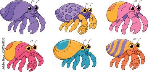 Cute hermit crab cartoon collection set with colorful shells, playful marine animals characters, vector illustration isolated on background for kids design